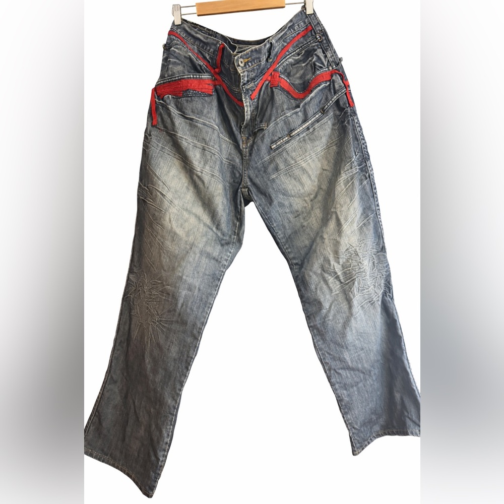 Marithe Francois Girbaud Vintage Y2K Distressed Denim Jeans - Red Strap Detail